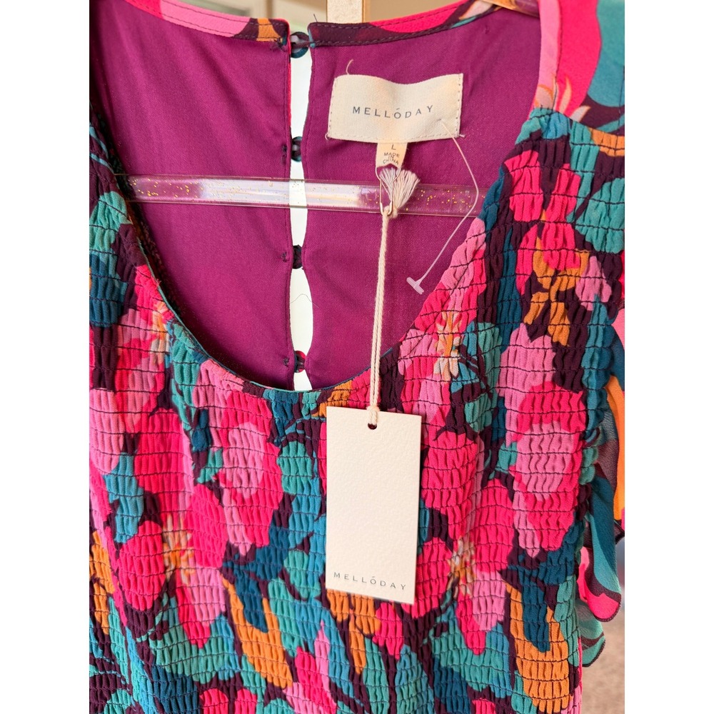 Melloday Maxi Dress Floral Smocked Tiered Ruffle Flutter Sleeve V-Neck - Picture 4 of 8